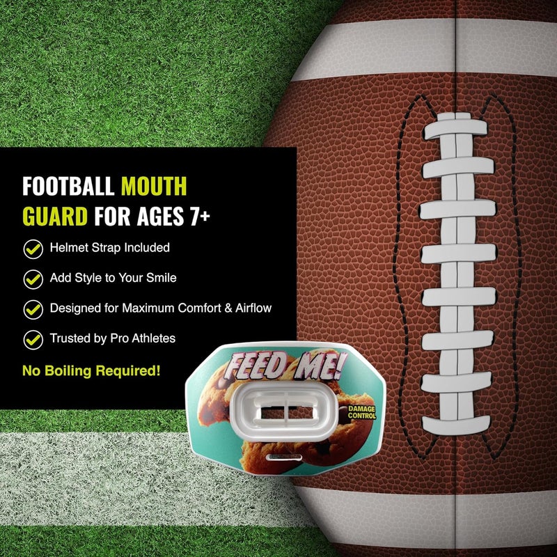 DAMAGE CONTROL Youth Football Mouth Guard – Breathable No Boil Mouthpiece, Protects Lips & Teeth, Works with Braces, Includes Helmet Strap – Sports Gear & Accessories (Feed Me!) - Image 4